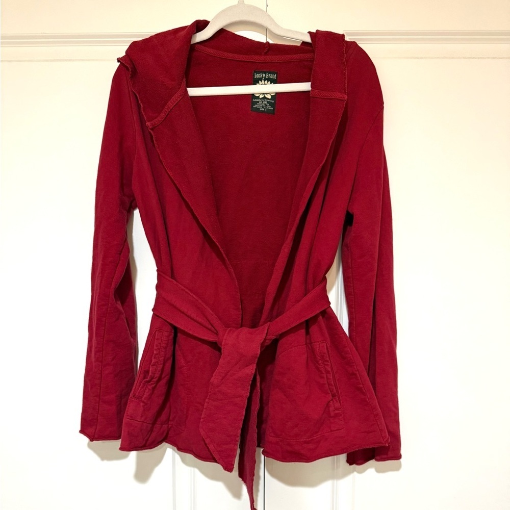 Lucky Brand maroon Cotton terry hooded tie-attached cardigan